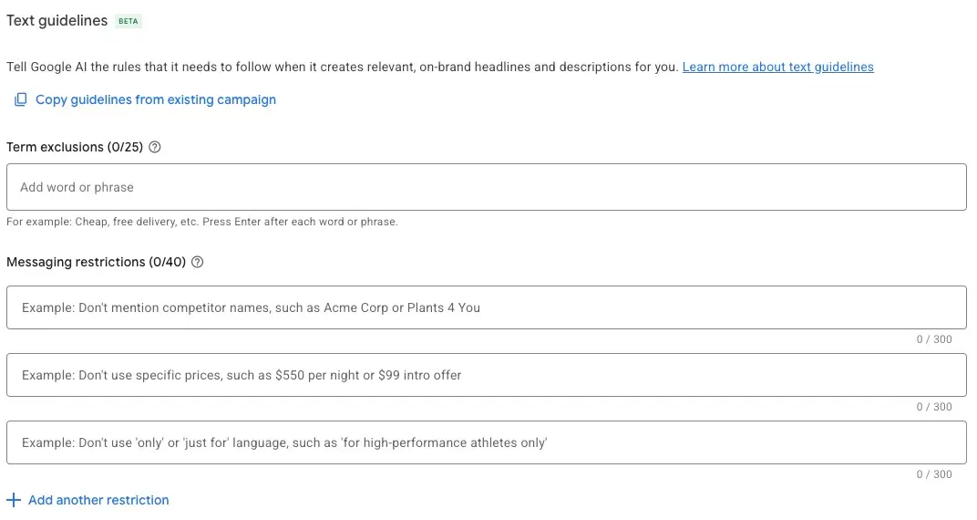 AI Max text guidelines dans Google Ads — restrictions de message et exclusions de termes