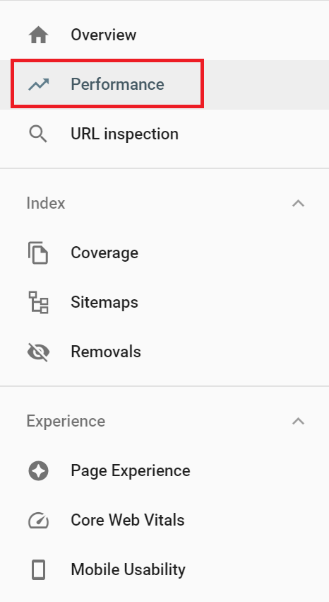 Localisation of the performance tab in the Search Console