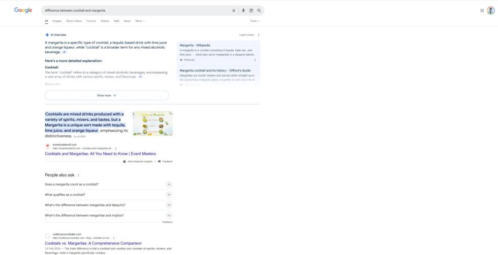 Une A.I. overview pour la recherche "difference between cocktail and margarita"