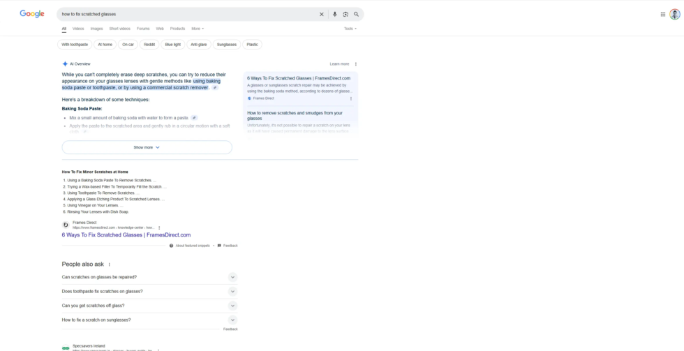 Une A.I. overview pour la recherche "How to fix scratched glasses"