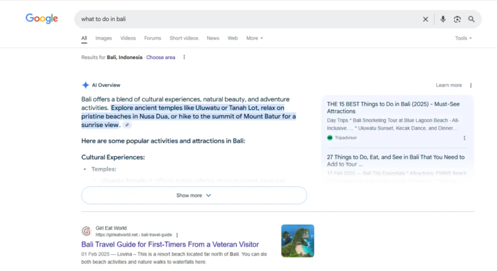 Un exemple d'AI overview pour la recherche "what to do in bali"