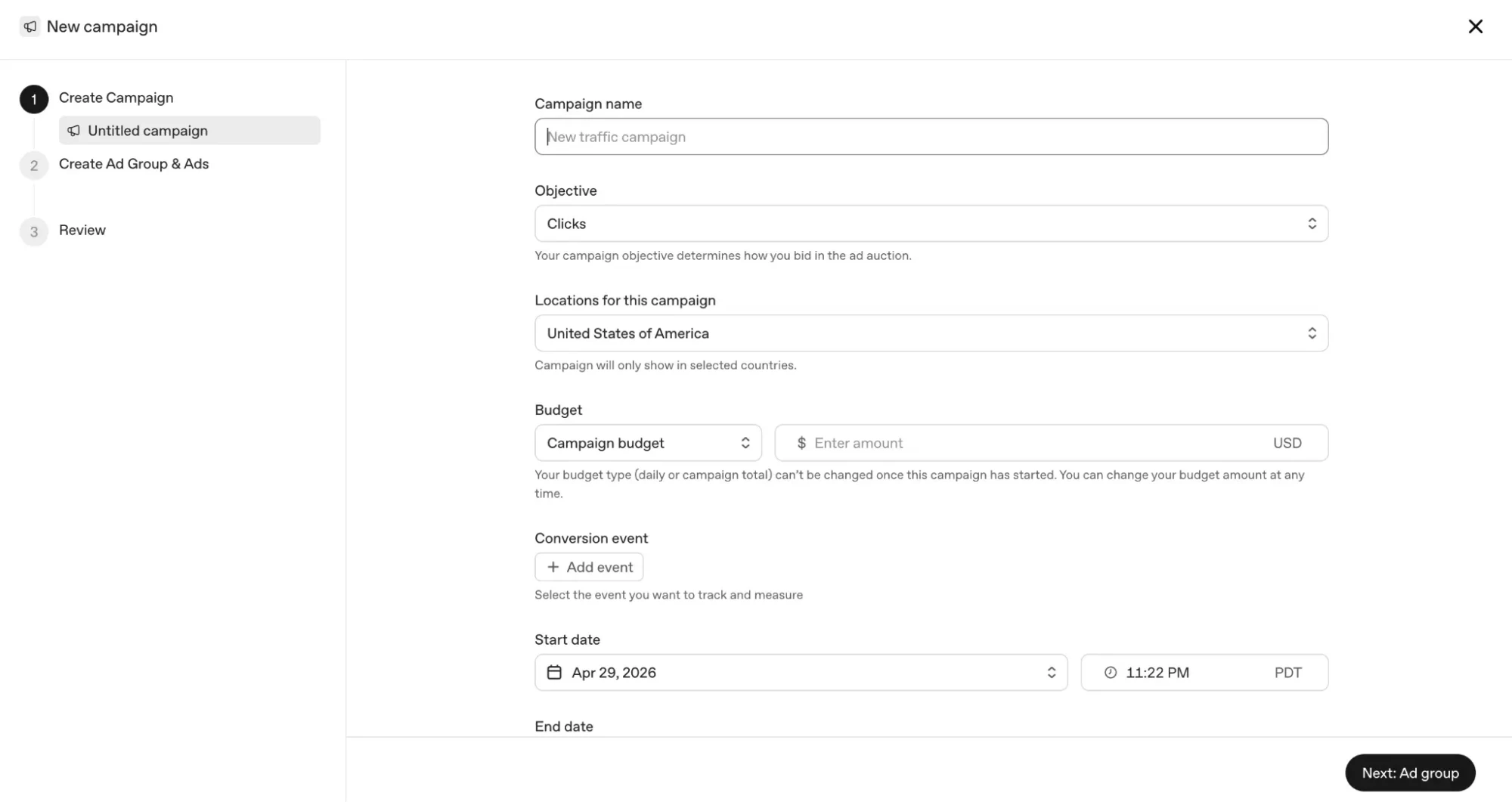 Campaign creation interface in OpenAI Ads Manager Beta
